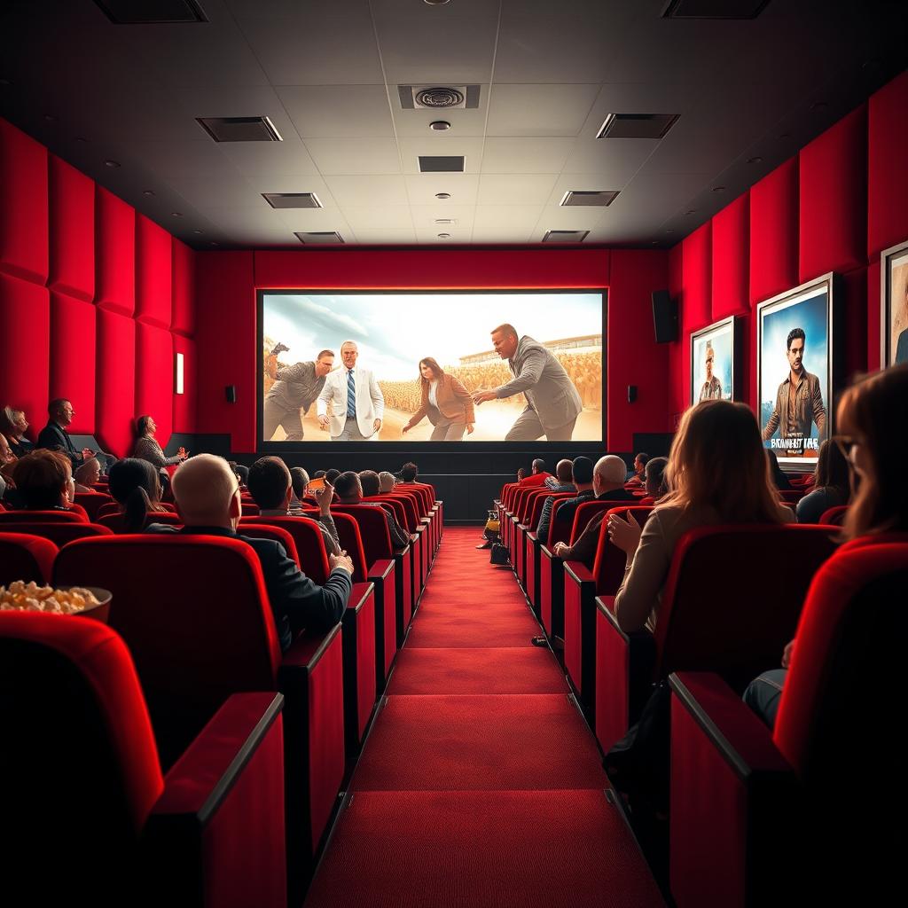 A modern cinema hall, showcasing a vibrant atmosphere with plush red velvet seats, illuminated by the soft glow of the screen displaying an action-packed movie scene