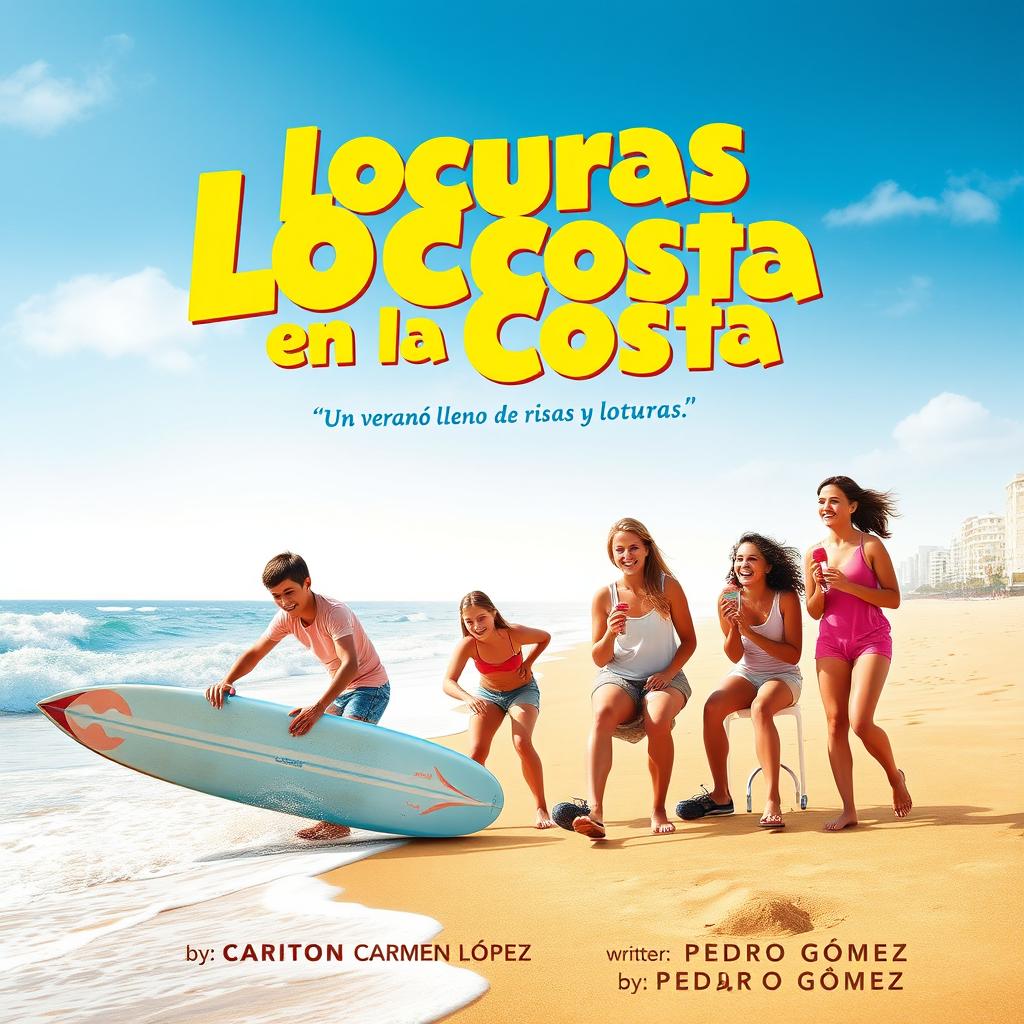Movie poster design for 'Locuras en la Costa', a contemporary comedy that follows the adventures of a group of five friends — two boys and three girls — during their summer vacation in a small coastal village in Spain