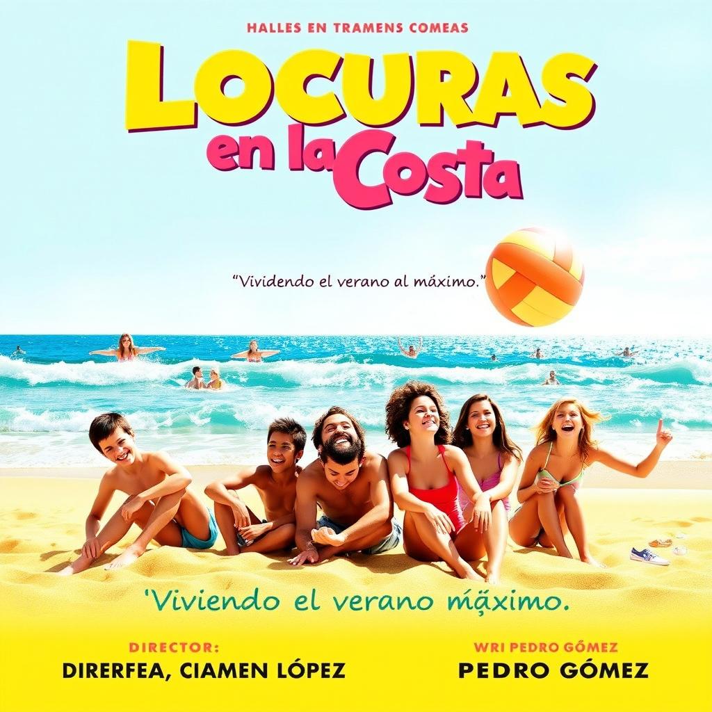 Movie poster design for 'Locuras en la Costa', a contemporary comedy focusing on the summer adventures of five friends — two boys and three girls — in a charming coastal village in Spain