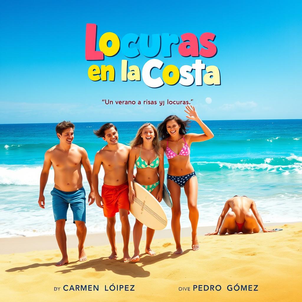 Movie poster design for 'Locuras en la Costa', a contemporary comedy that follows the summer adventures of five friends — two boys and three girls — in a quaint coastal village in Spain