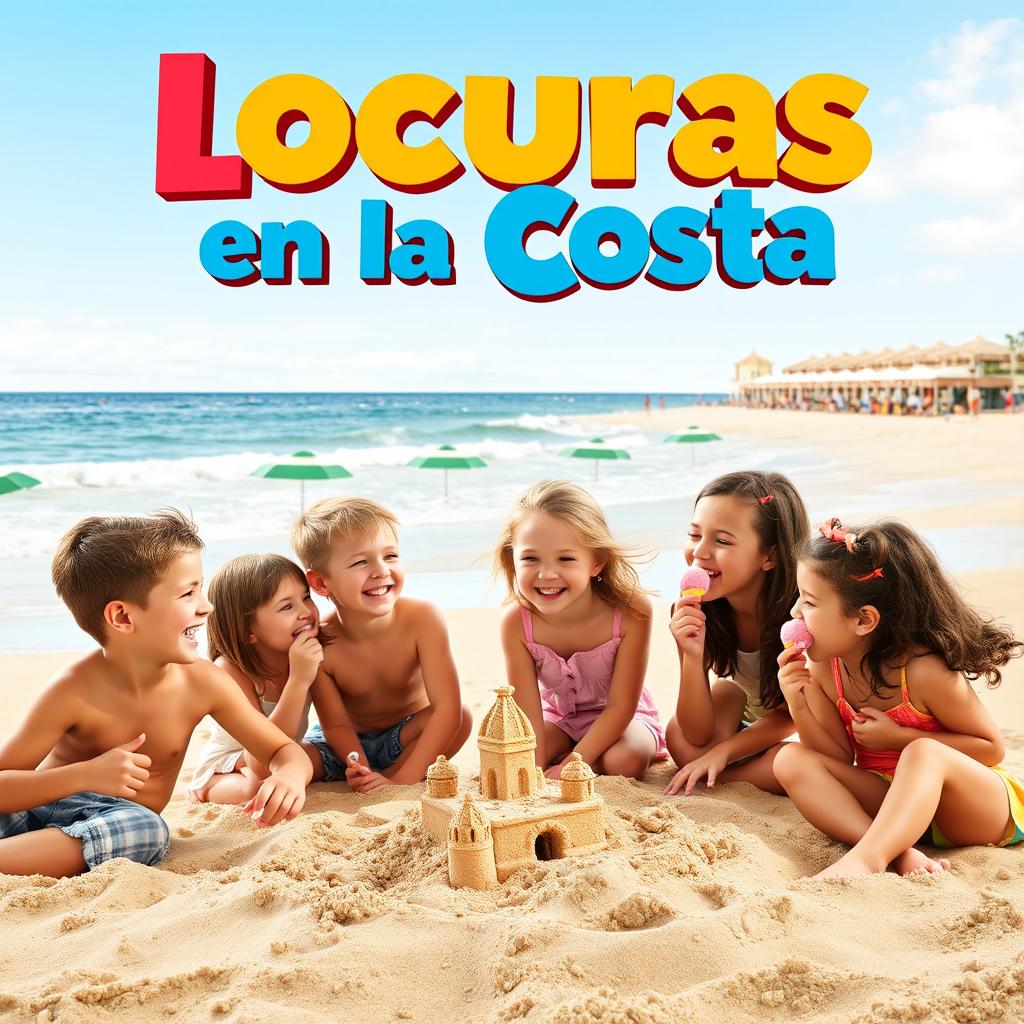 Movie poster design for 'Locuras en la Costa', a contemporary comedy that follows the summer adventures of two boys and three girls in a small coastal village in Spain