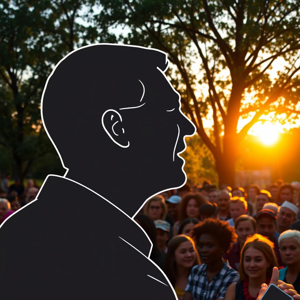 An outline of a human head, portrayed in profile view, speaking passionately to a diverse crowd