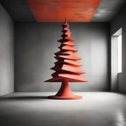 A strikingly abstract, avant-garde, monochrome photograph of a stylistic Christmas tree inside a beautiful concrete room, with a dramatic pop of orange-red color.