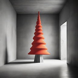 A strikingly abstract, avant-garde, monochrome photograph of a stylistic Christmas tree inside a beautiful concrete room, with a dramatic pop of orange-red color.