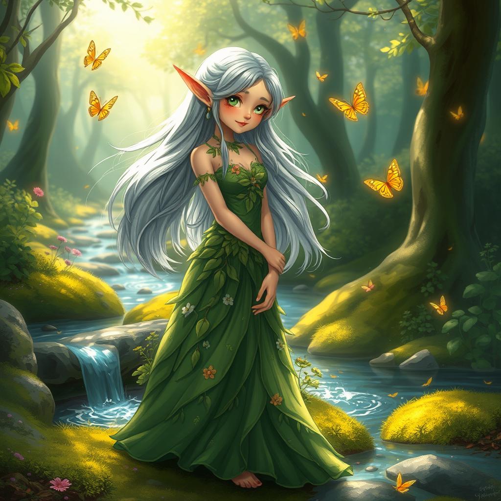 A whimsical fantasy scene depicting a beautiful elf in an enchanted forest