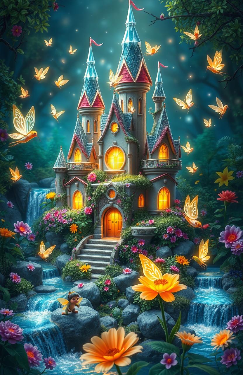 A whimsical fairy castle nestled among lush, colorful flora, surrounded by sparkling streams and waterfalls