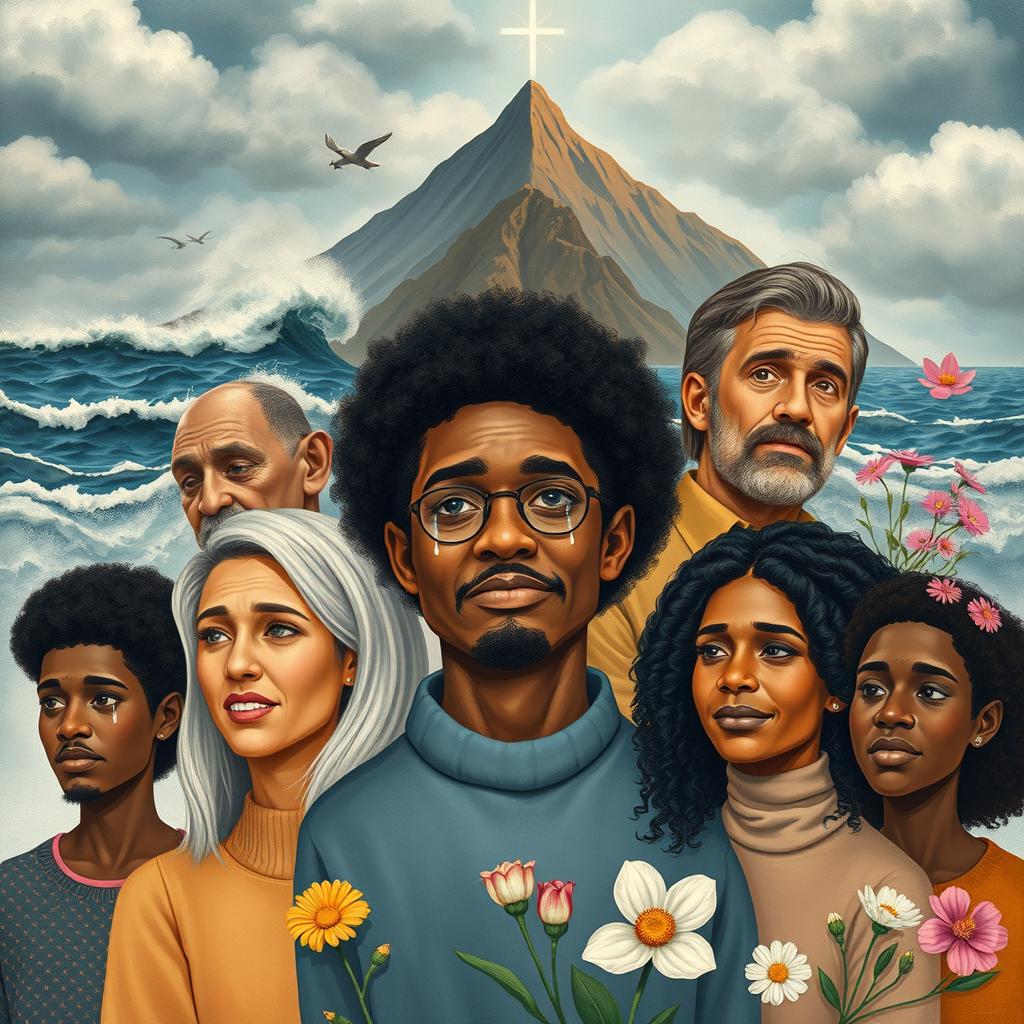 A thought-provoking image depicting a diverse group of individuals reflecting on their experiences of suffering and resilience