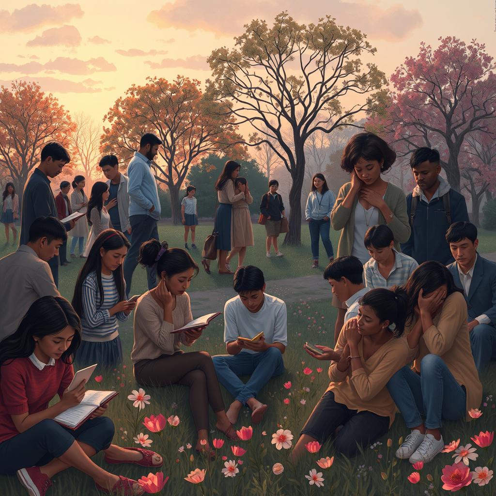 A contemplative scene depicting a wide array of human emotions, showcasing people from diverse backgrounds experiencing feelings of sadness, struggle, and resilience
