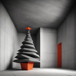 Strikingly abstract, monochrome, avant-garde architectural photograph of a Christmas tree within a beautifully structured concrete room, with a bold pop of orange-red color.