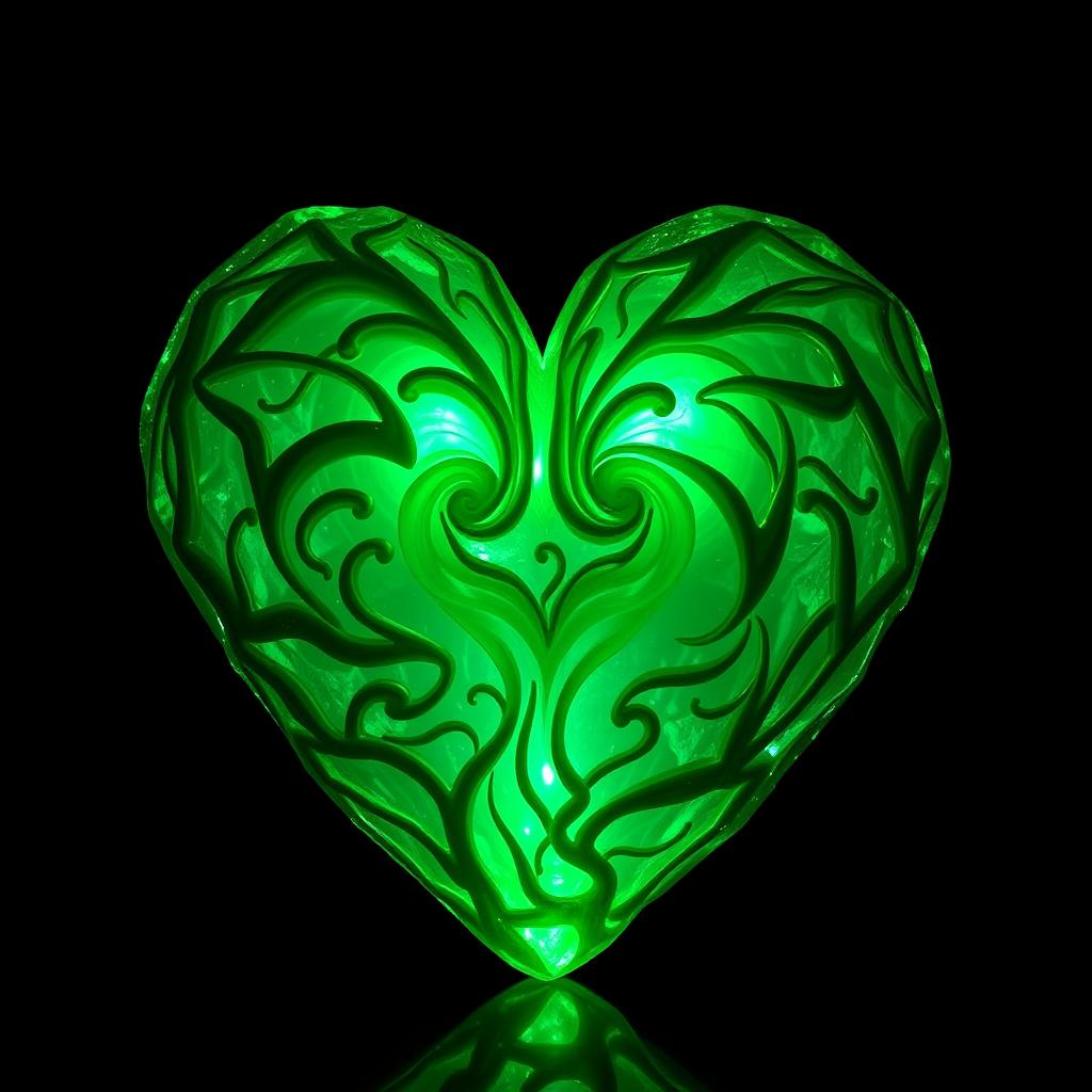 A stunning heart sculpture made entirely out of glowing kryptonite, radiating a vibrant green color