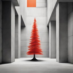 Strikingly abstract, monochrome, avant-garde architectural photograph of a Christmas tree within a beautifully structured concrete room, with a bold pop of orange-red color.