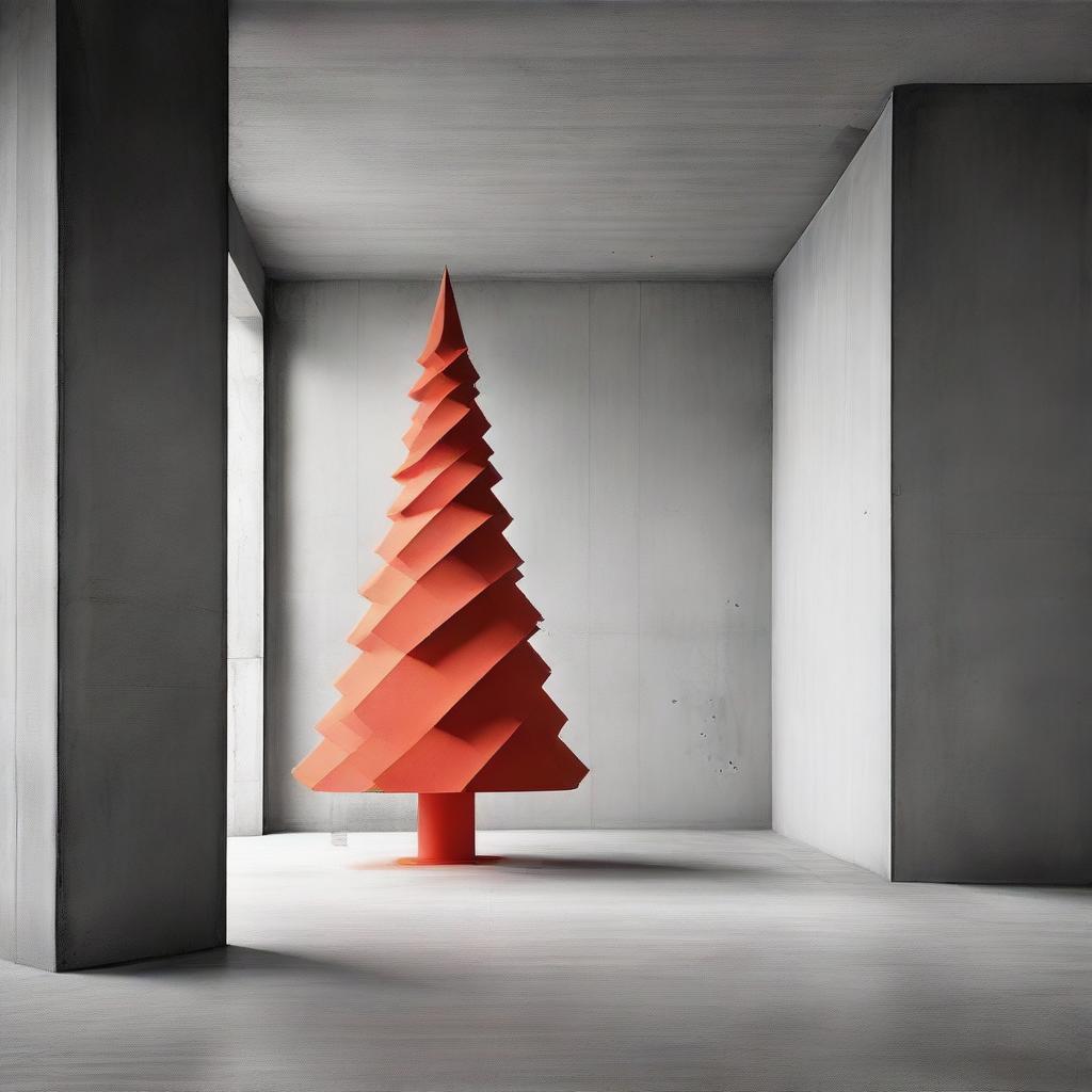 Strikingly abstract, monochrome, avant-garde architectural photograph of a Christmas tree within a beautifully structured concrete room, with a bold pop of orange-red color.