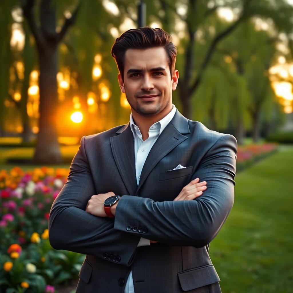 A powerful and confident man standing in a lush green park during sunset, wearing a stylish tailored suit, his arms crossed and a slight smile on his face