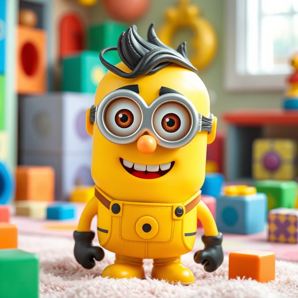 A whimsical, cartoonish toy resembling a Minion, featuring the distinctive shape and style of a classic Minion but with the facial features of a generic man