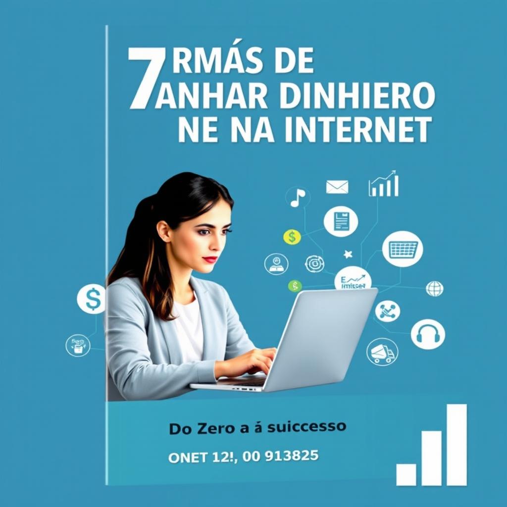 The ebook cover titled "7 Formas de Ganhar Dinheiro na Internet: Do Zero ao Sucesso" features a focused individual working on a laptop, surrounded by various icons representing different online money-making methods like freelancing, affiliate marketing, and e-commerce