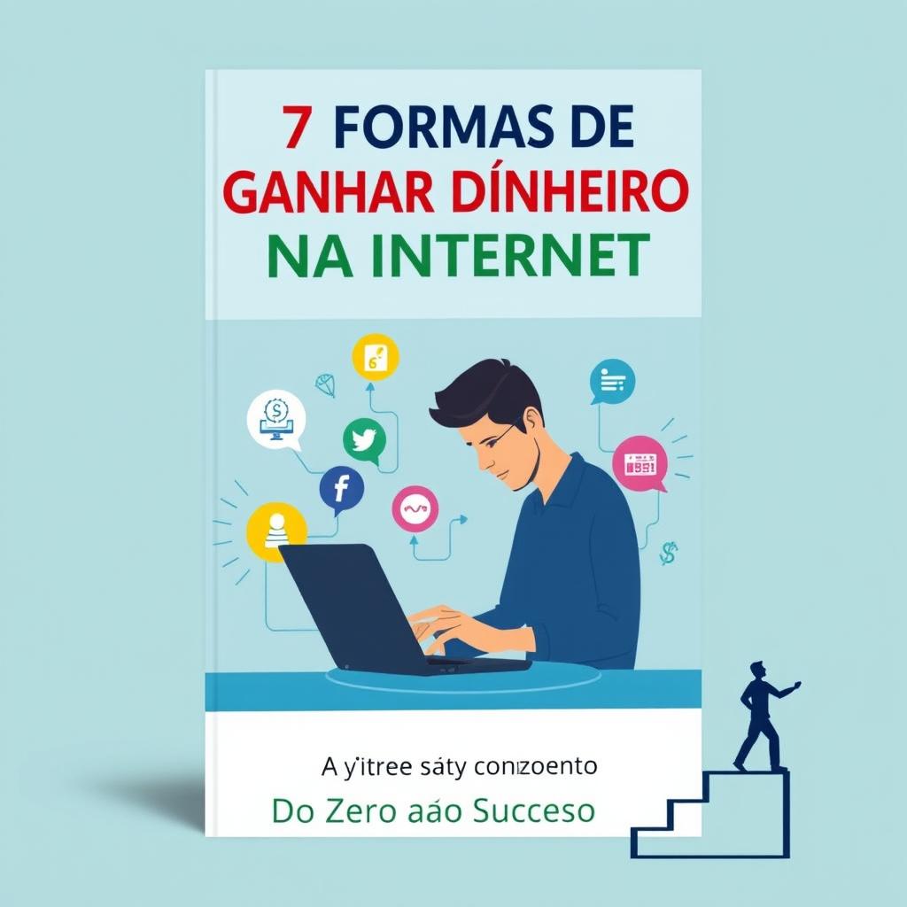 The e-book cover titled '7 Formas de Ganhar Dinheiro na Internet: Do Zero ao Sucesso' features a person working intently on a laptop, surrounded by vibrant icons that represent various methods of making money online, like freelancing and affiliate marketing