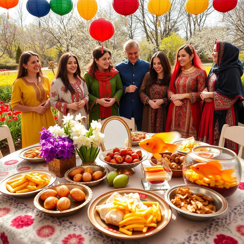 A vibrant celebration of Nowruz, featuring colorful decorations, traditional Iranian foods laid out on a beautifully set Haft-Seen table