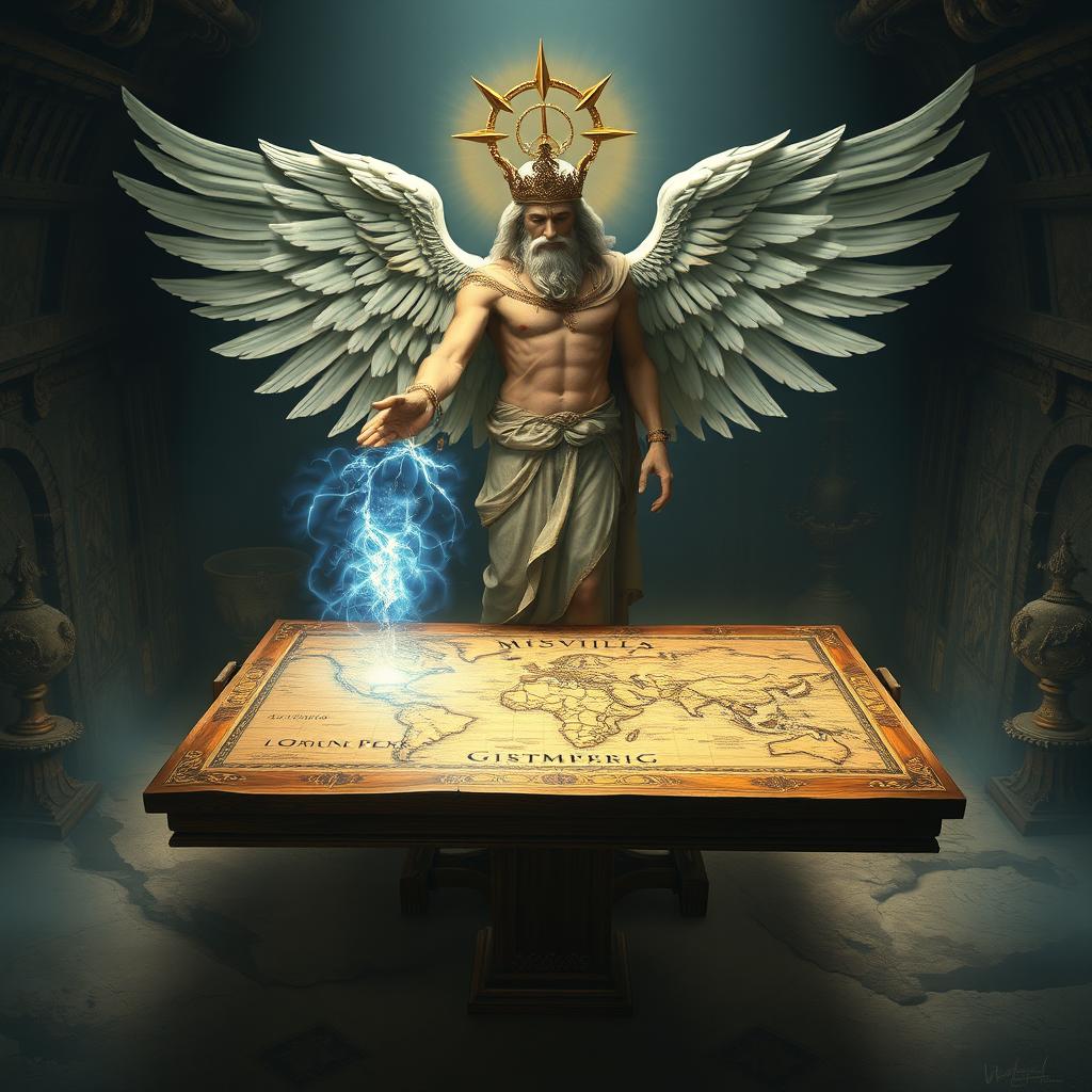 A Greek god of maps, depicted as a majestic figure with grand, feathered wings poised above a wooden table