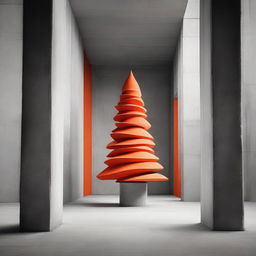 Strikingly abstract, monochrome, avant-garde architectural photograph of a Christmas tree within a beautifully structured concrete room, with a bold pop of orange-red color.
