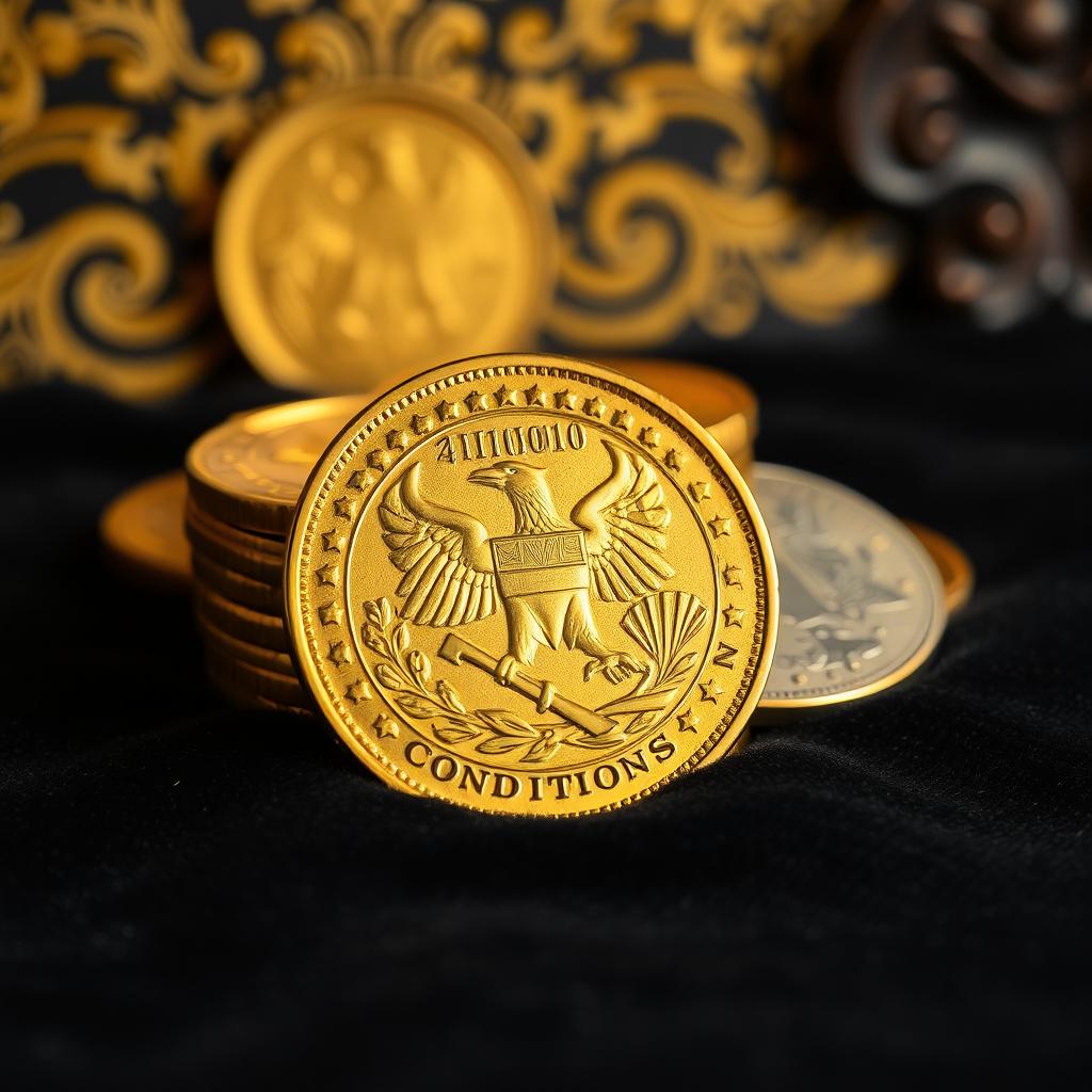 A vintage gold coin with intricate designs, featuring a majestic eagle on one side and a classical shield on the other, resting on a dark velvet cloth