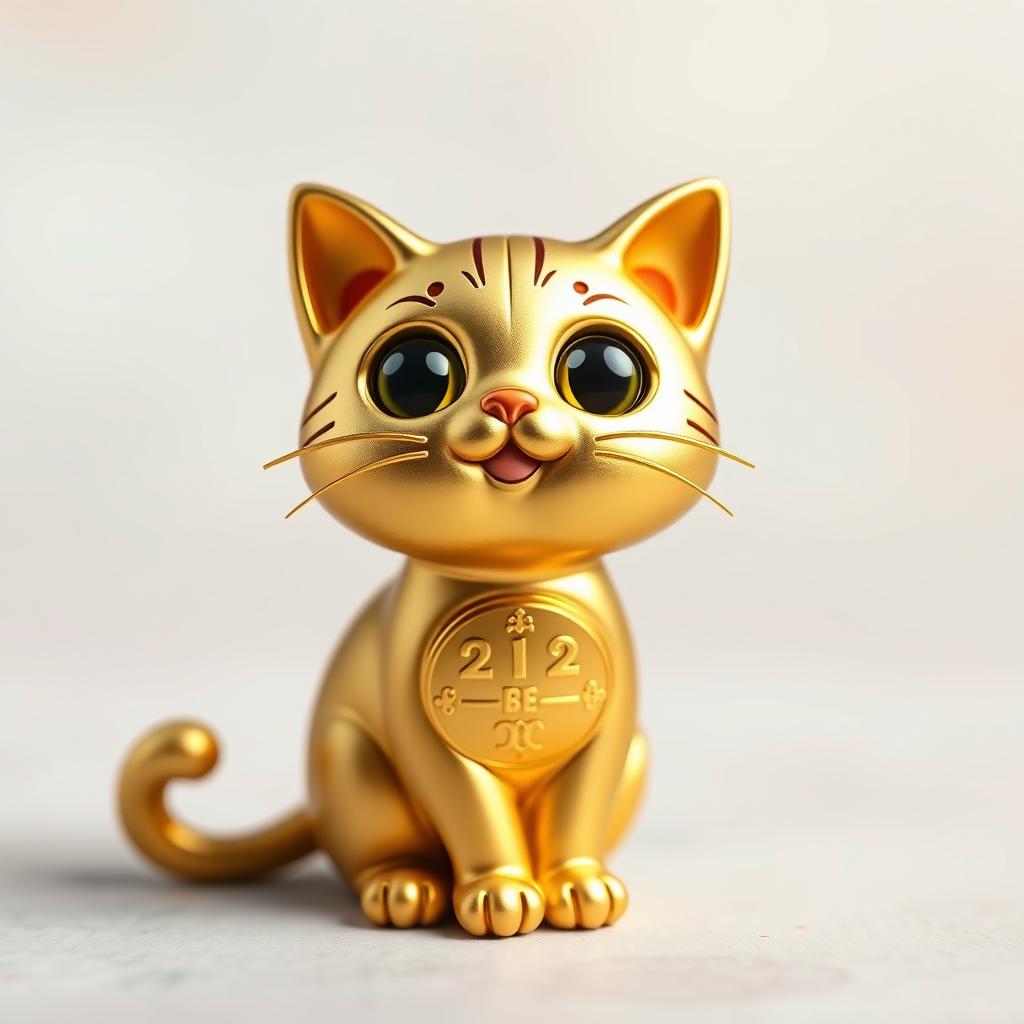 A cute and whimsical cat designed as a coin, featuring a shiny gold color and intricate engravings that resemble typical coin designs