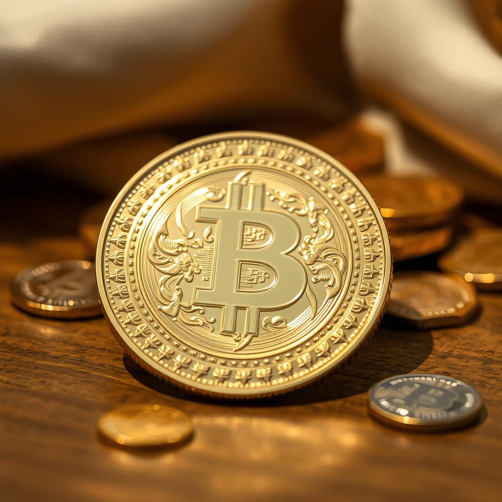 A shiny, intricately designed coin lying on top of a wooden table, reflecting light in soft golden tones