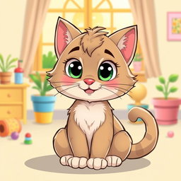 A cute and playful cartoon-style illustration of a cat with big, expressive eyes, fluffy fur, and a happy smile
