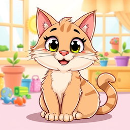 A cute and playful cartoon-style illustration of a cat with big, expressive eyes, fluffy fur, and a happy smile