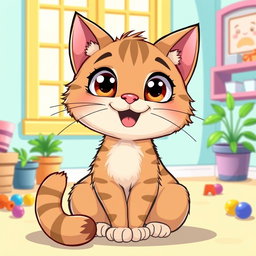 A cute and playful cartoon-style illustration of a cat with big, expressive eyes, fluffy fur, and a happy smile