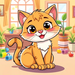 A cute and playful cartoon-style illustration of a cat with big, expressive eyes, fluffy fur, and a happy smile