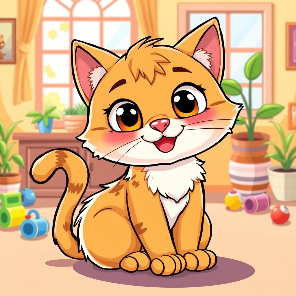 A cute and playful cartoon-style illustration of a cat with big, expressive eyes, fluffy fur, and a happy smile