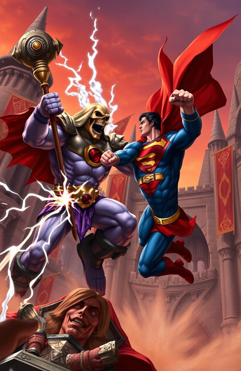 A dynamic scene depicting Skeletor in an intense battle with Superman