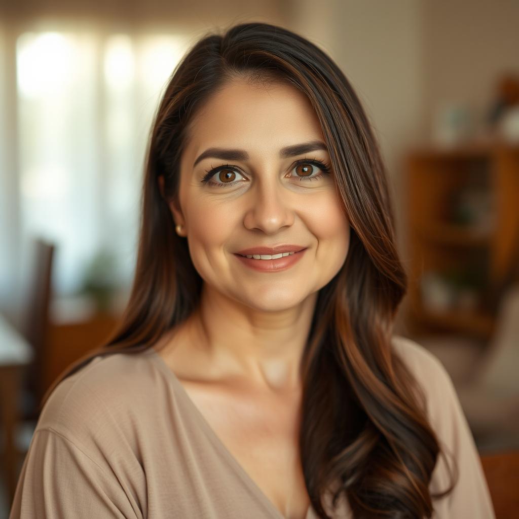 A 43-year-old beautiful Iranian mother showcases her charm with big brown eyes, framed by curved eyebrows and long, elegant eyelashes