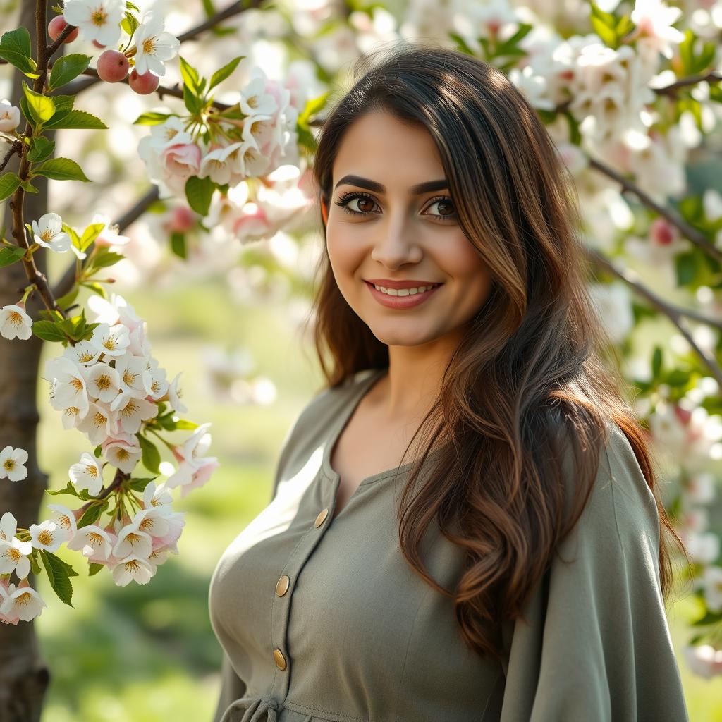 A 43-year-old beautiful Iranian mother radiates warmth and charm with her big brown eyes, framed by curved eyebrows and long, curved eyelashes