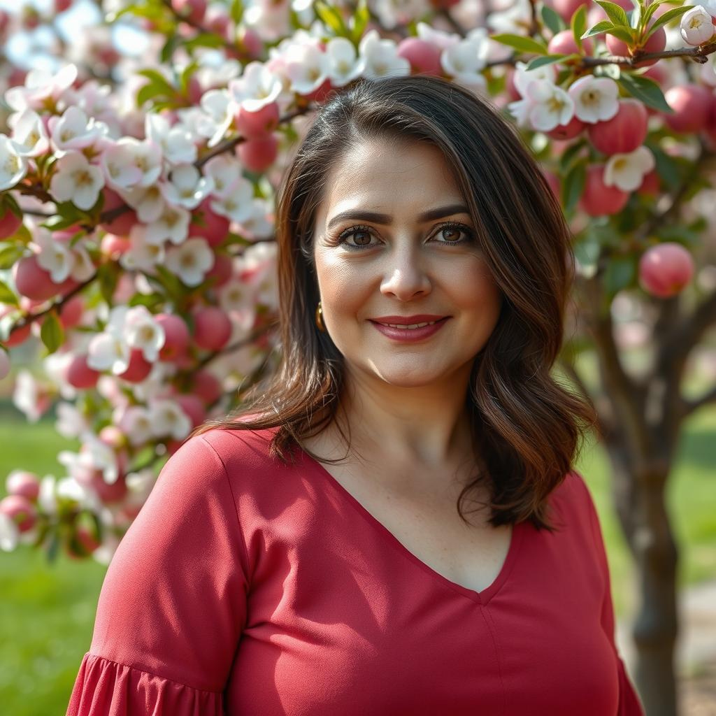 A beautiful 43-year-old Iranian mother with big brown eyes, curved eyebrows, and long, curved eyelashes, standing next to a blooming apple tree in spring