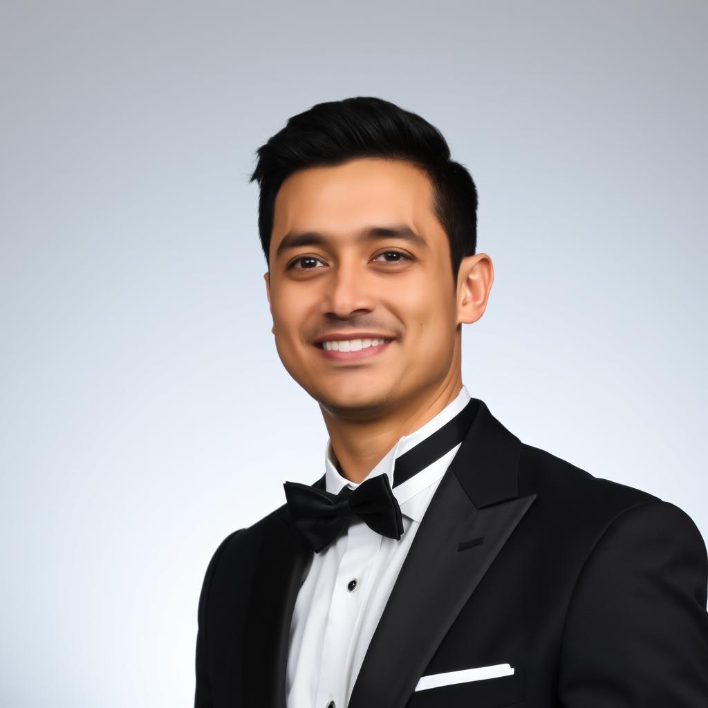 A professional certificate photo of a person wearing a formal tuxedo (smoking)