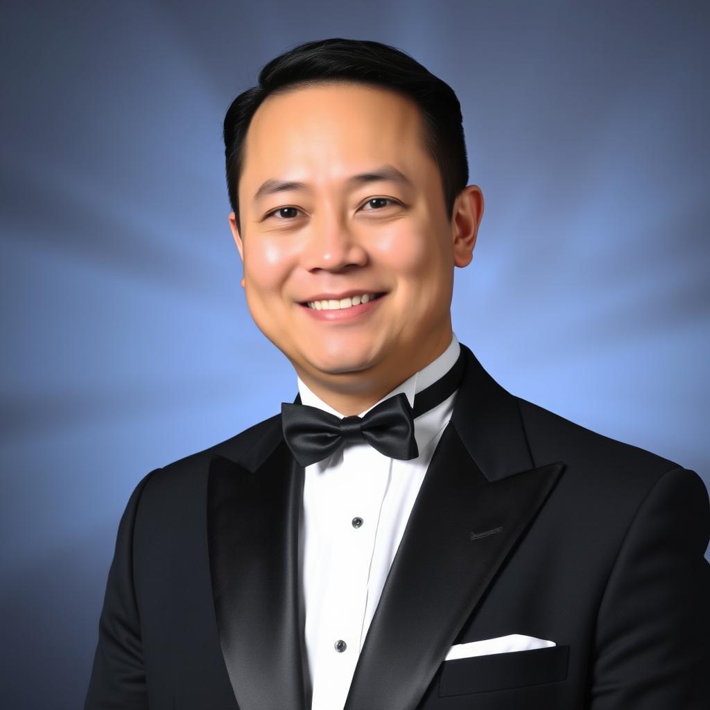A professional portrait of a person wearing a tailored black tuxedo with satin lapels, white dress shirt, and a classic black bow tie
