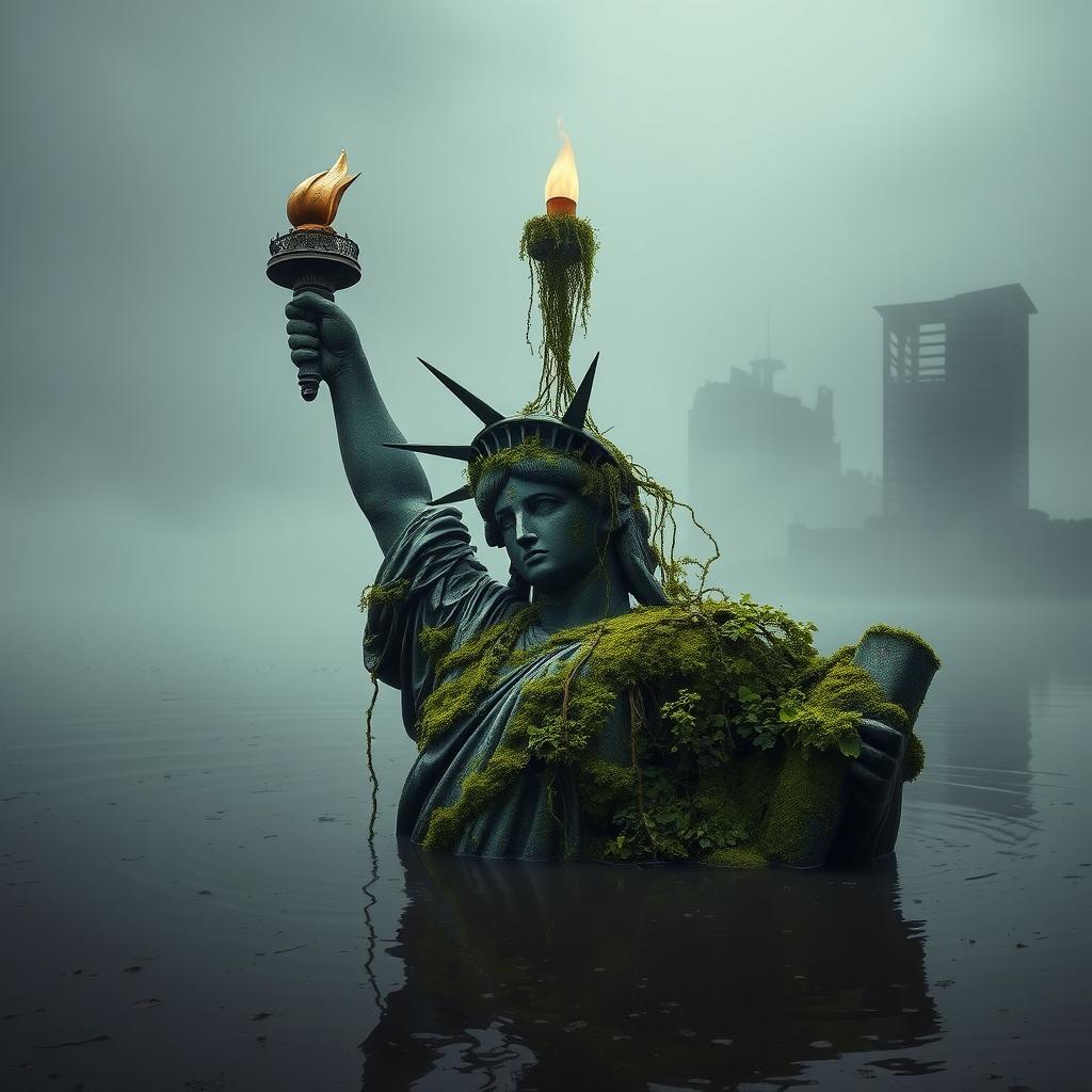 A hauntingly beautiful post-apocalyptic scene of the Statue of Liberty partially submerged in murky water, adorned with vibrant green moss and thick vines creeping up the statue, illustrating signs of decay and rust