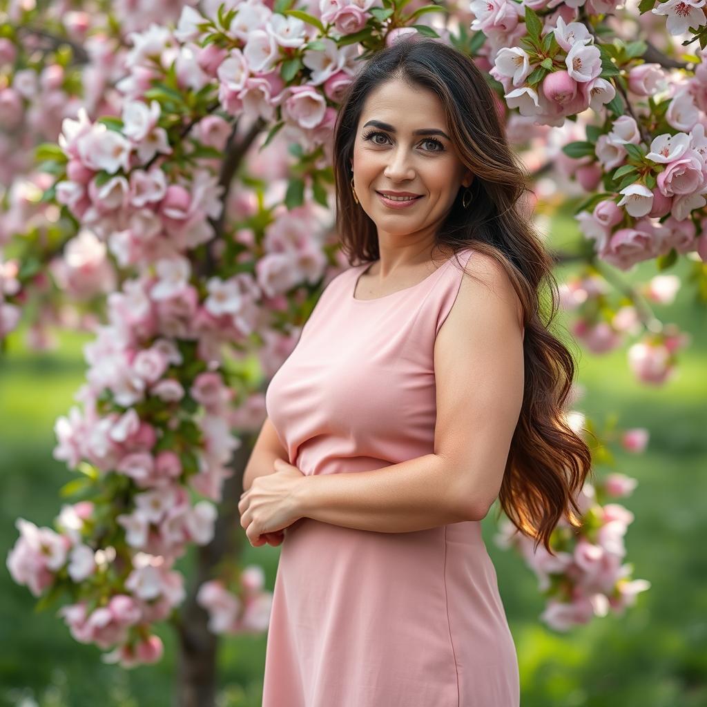 A beautiful 43-year-old Iranian mother with big brown eyes, curved eyebrows, and long, curved eyelashes, standing gracefully next to a blooming apple tree in the vibrant spring season