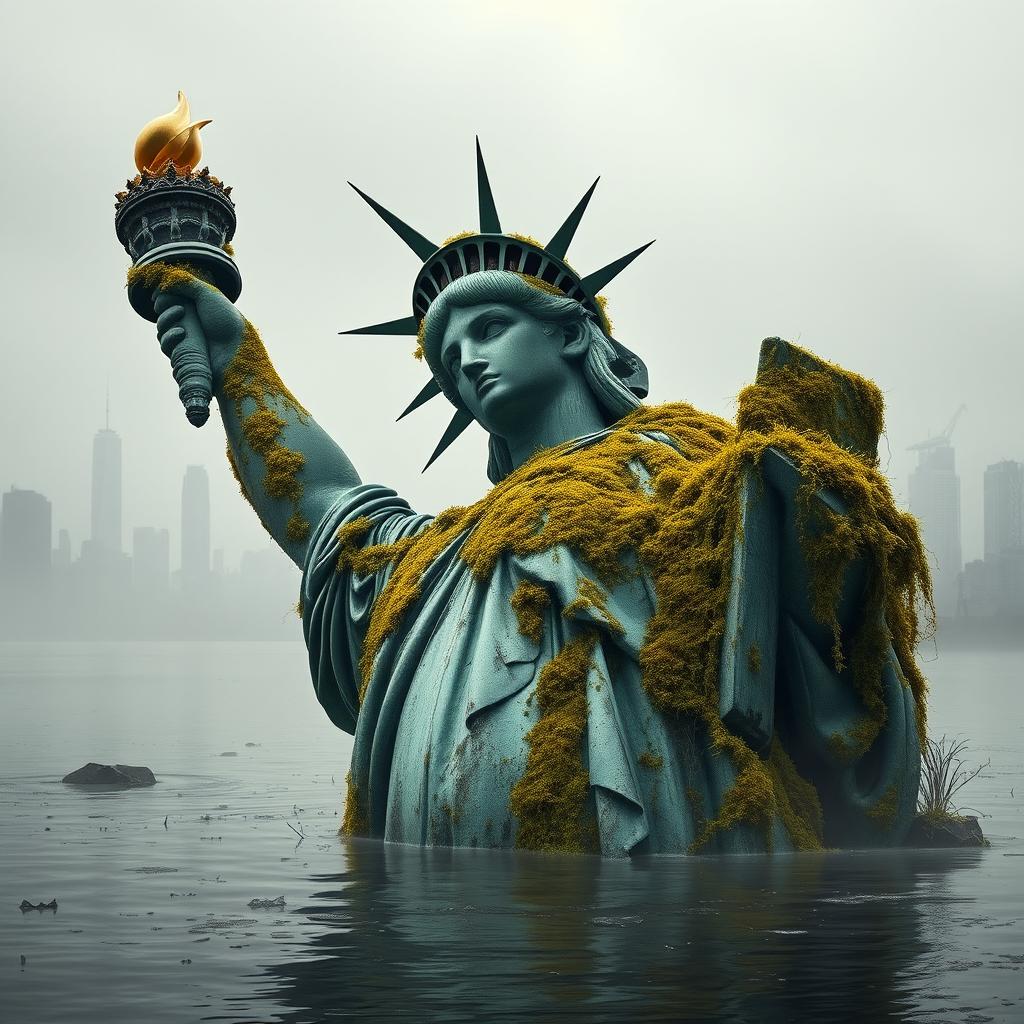 A striking post-apocalyptic scene featuring the Statue of Liberty partially submerged in water, intricately covered in vibrant moss and creeping vines, showcasing distinct signs of decay and rust on its exterior