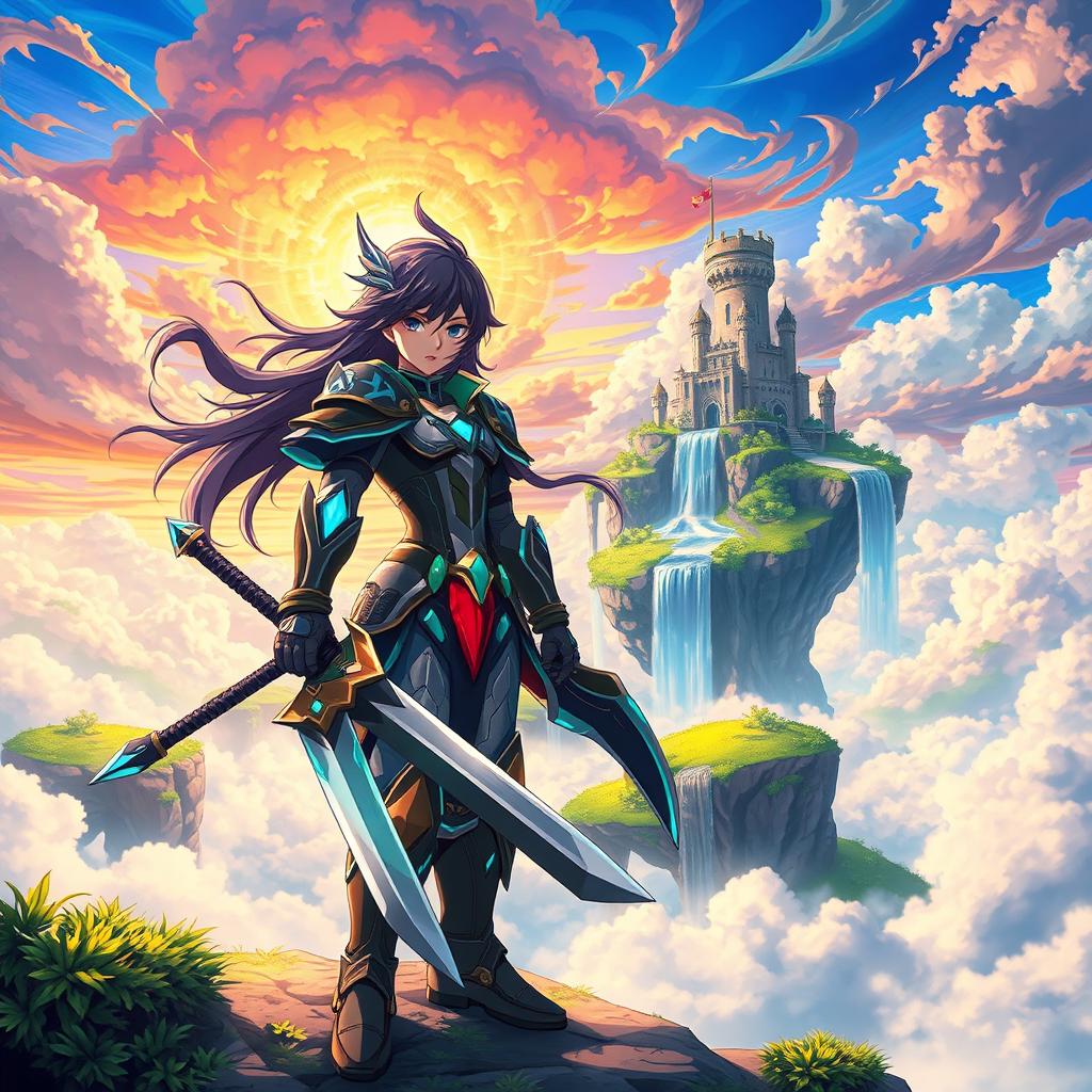 A vibrant anime-style digital artwork featuring a fantastical landscape with floating islands, lush greenery, and a colorful sky filled with swirling clouds