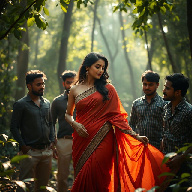 An alluring Indian woman in her 40s, exuding confidence and sensuality, is surrounded by a group of admirers in a picturesque forest setting