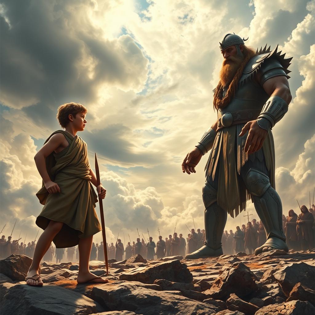 An epic battle scene between David and Goliath, showcasing the intensity of faith and courage