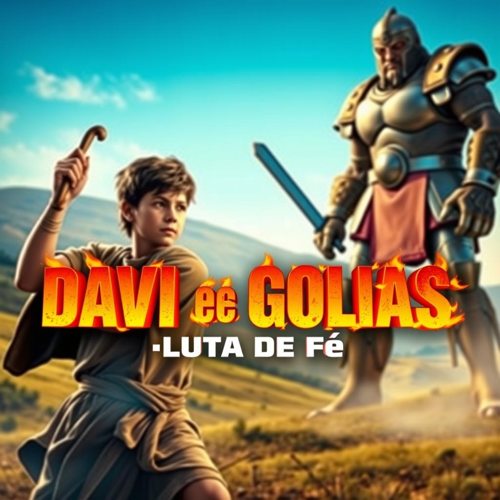 A captivating and dramatic thumbnail for a YouTube video titled "Davi e Golias: Luta de Fé"