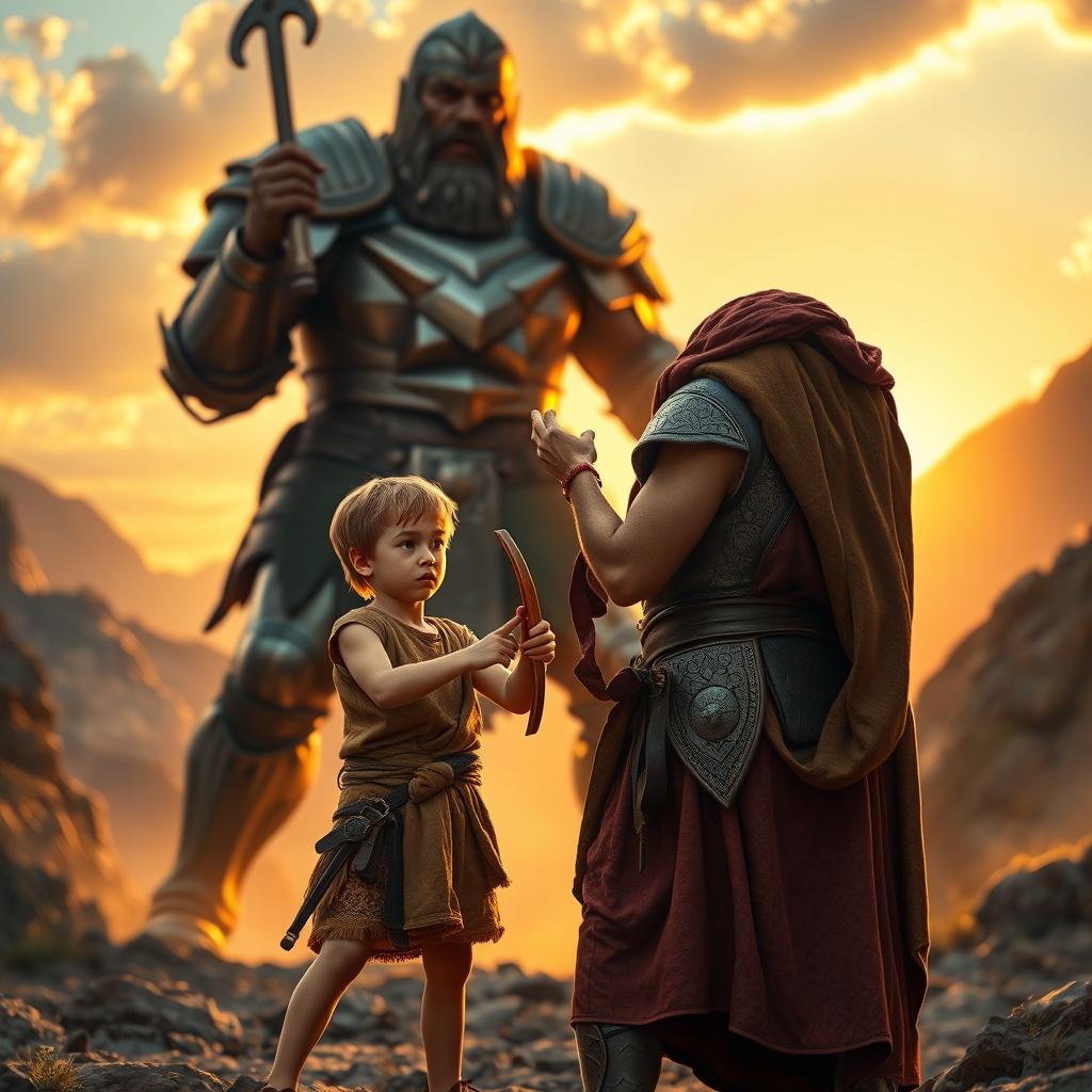 A dramatic scene depicting the biblical story of David and Goliath, where a young David, a shepherd boy, stands confidently with a slingshot in hand, facing the towering giant Goliath clad in heavy armor