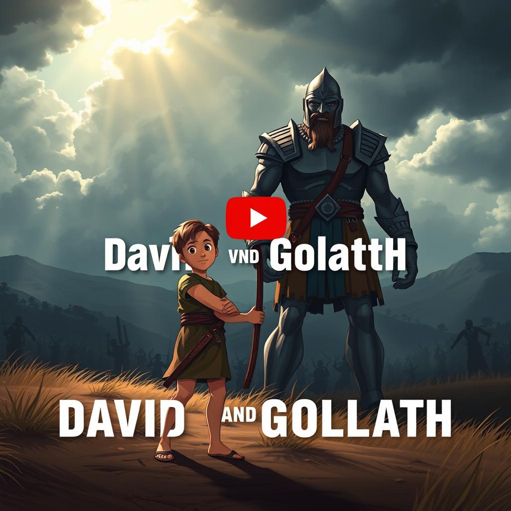 An epic thumbnail illustration for a YouTube video depicting the biblical story of David and Goliath