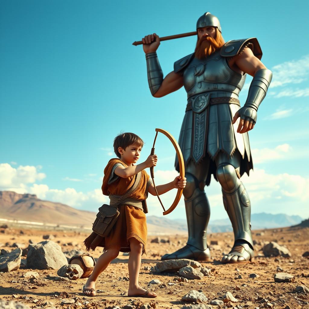 A dramatic scene depicting the biblical story of David and Goliath, showcasing young David, a courageous young shepherd, skillfully wielding a slingshot