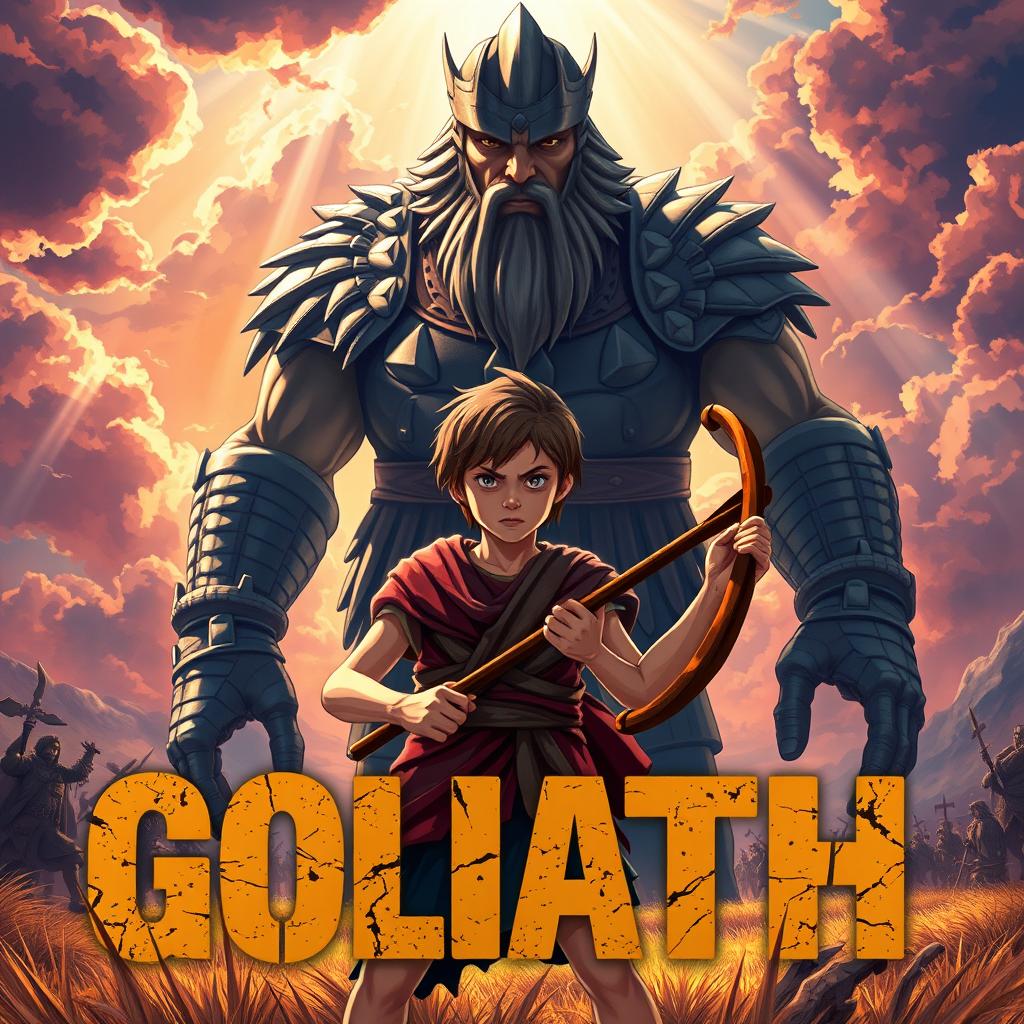 An epic YouTube thumbnail illustration of the biblical story of David and Goliath