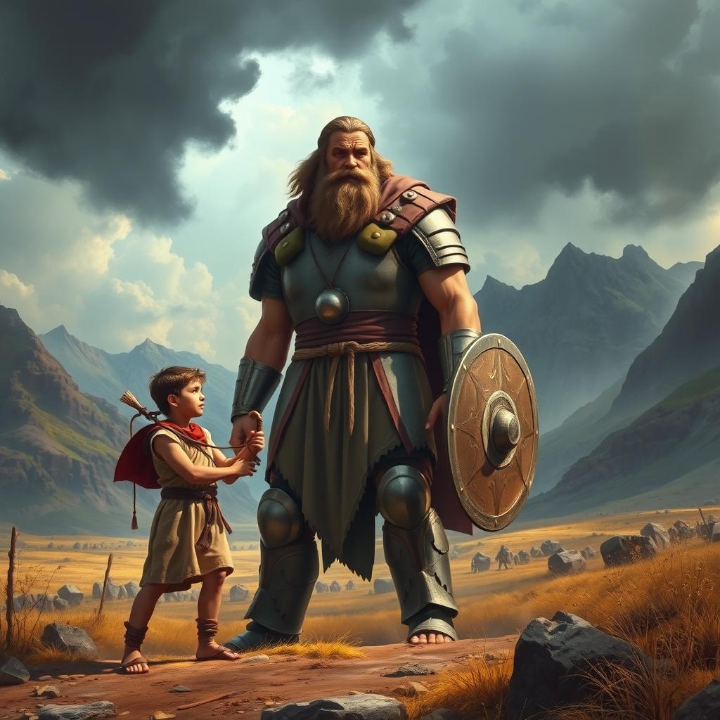 An epic portrayal of the biblical story of David and Goliath, capturing the dramatic moment before their legendary battle