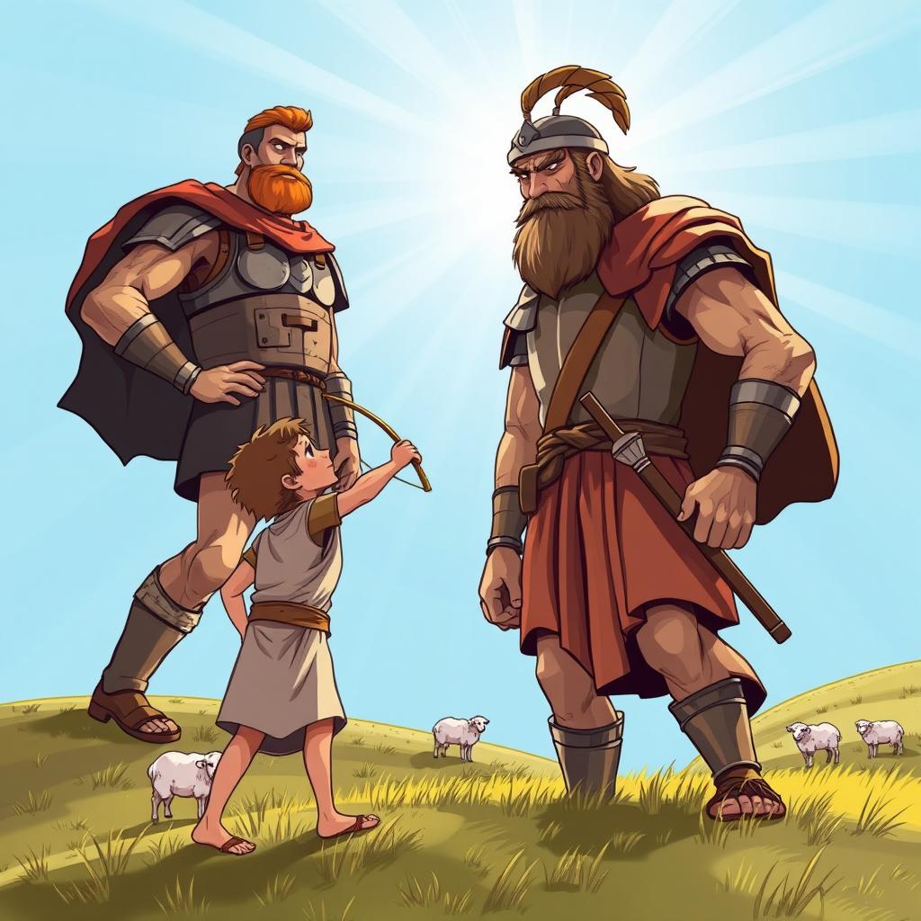 A dramatic illustration of the Biblical story of David and Goliath, depicting young David, a shepherd, with a sling, confidently poised against the giant Goliath, who is towering with a fierce expression
